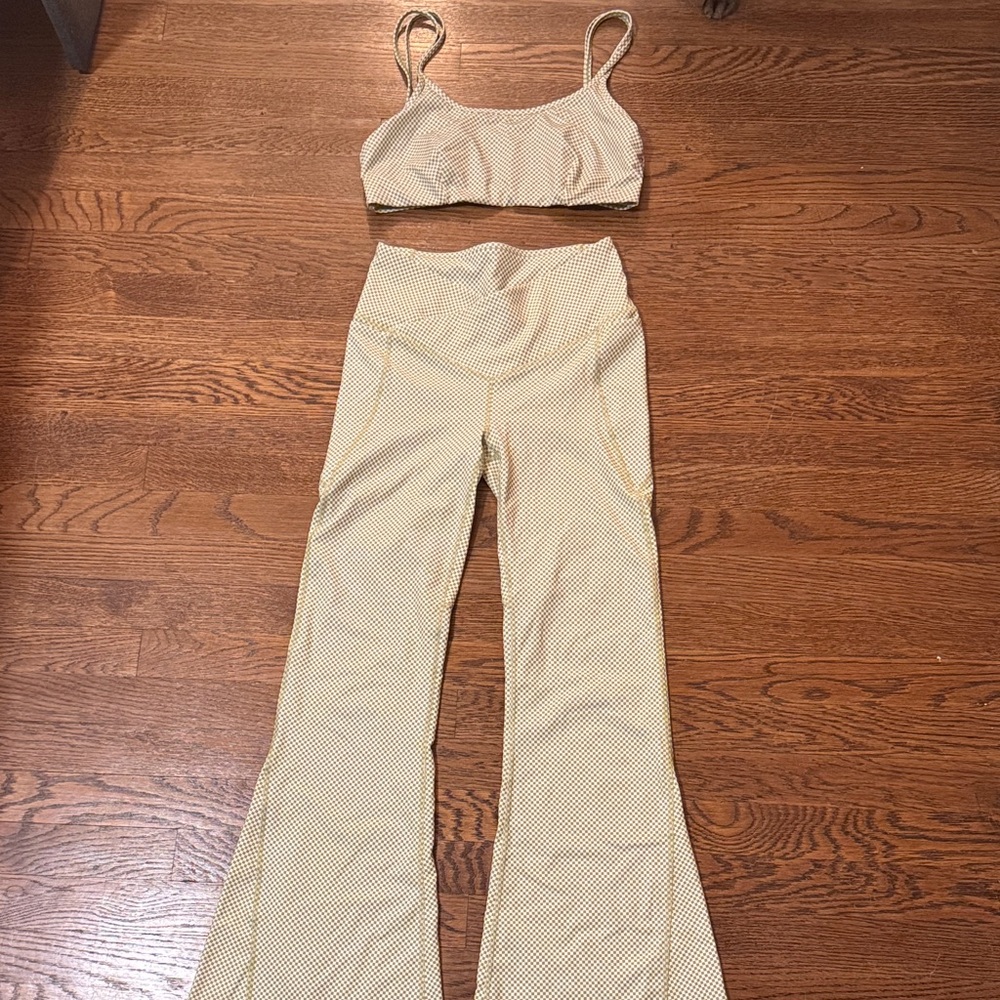Fabletics Green and White Checkered Boot Cut Pants & Crop Top Set